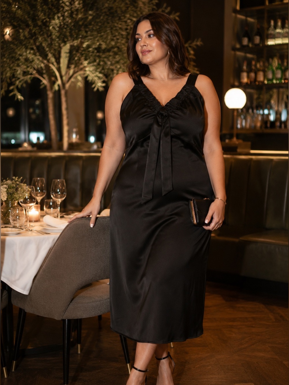 Eloquii Black Satin Midi Dress Ruched Bow Neckline Size 20 classy